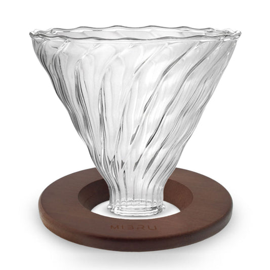 A V60 glass coffee drip funnel with a wooden base