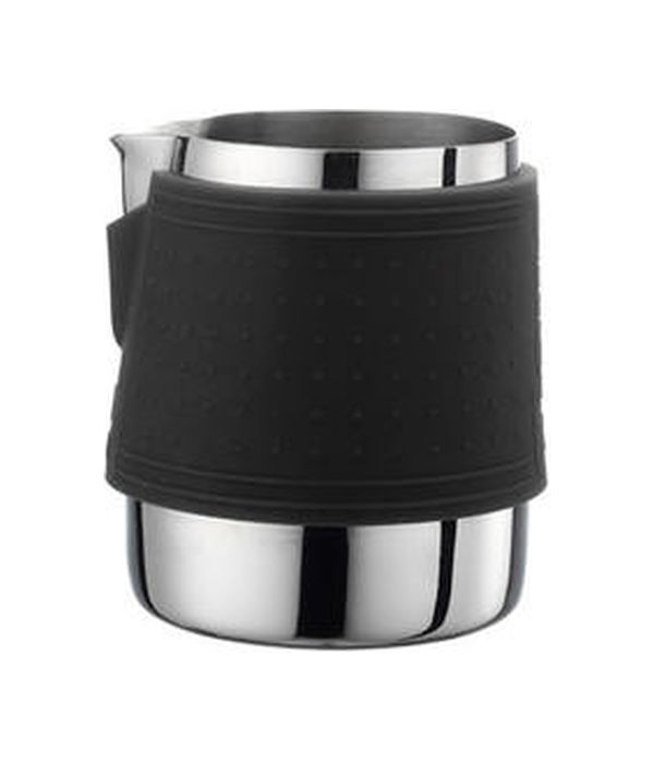 Milk steaming bottle with black rubber handle