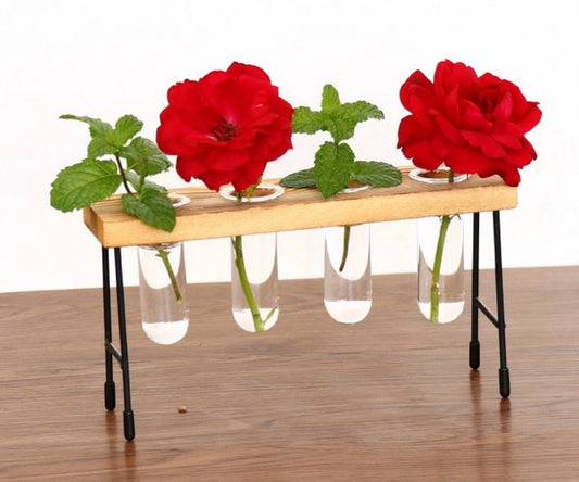 Wooden vase with glass openings for natural plants